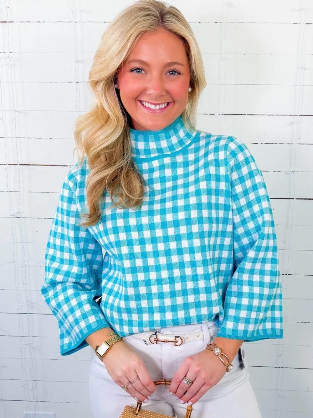 Entro Aqua Gingham Sweater - Large - NWT